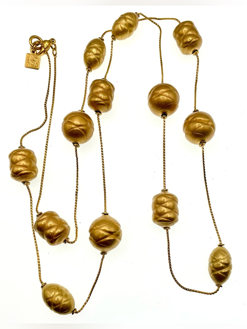 Vintage Anne Klein 36” Matte Gold Tone Station Necklace 1980s Sculptural Beads